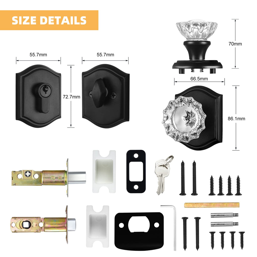 Crystal Glass Passage Door Knob and Single Cylinder Deadbolt Combo Set, Matte Black Finish, Keyed Alike