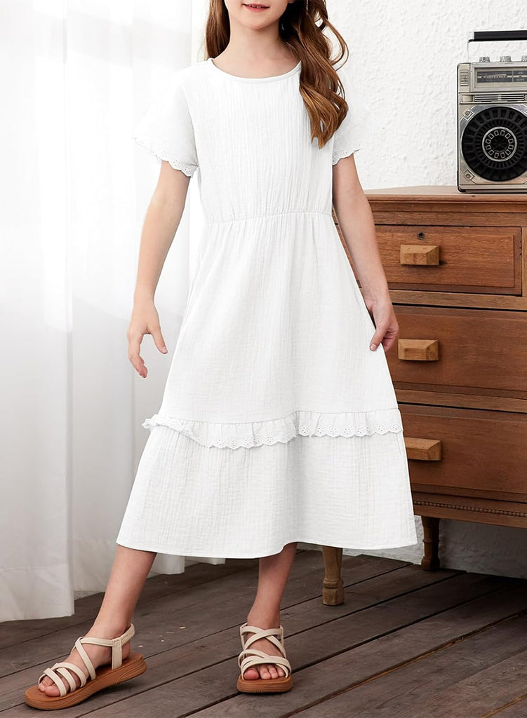 Girls Cotton Short Sleeve Dresses Summer Lace Dress