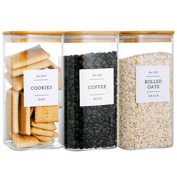 3 Pack Square Glass Kitchen Storage Jars with Airtight Bamboo Lids and 132 Pantry Labels - 54oz Glass Canisters with