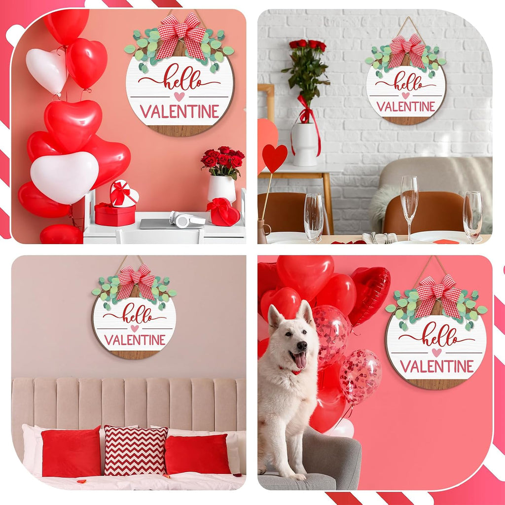 Hello Valentine's Day Sign for Front Door 12 Inches Wood Red Pink Round with Bow Valentine's Day Door Wreath Hanger