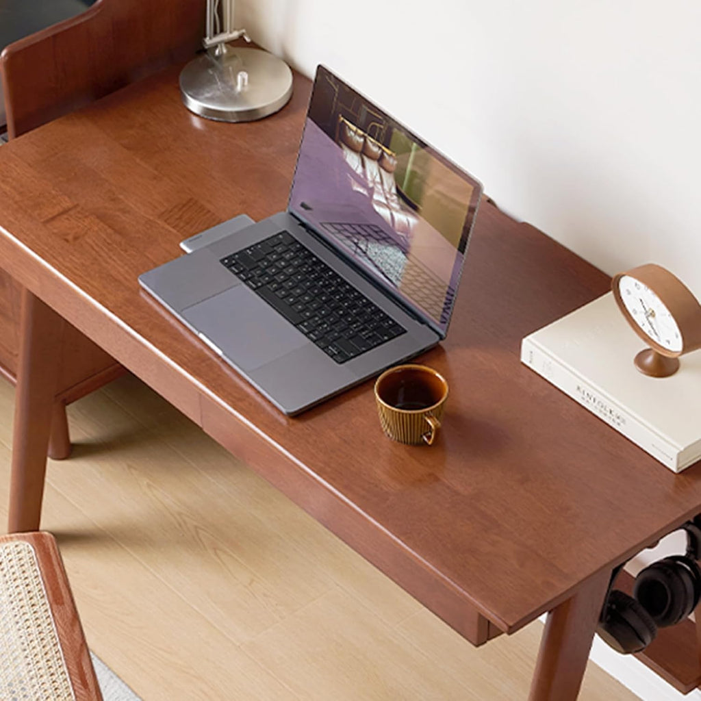 100% Solid Rubber Wood Desk, Mid Century Modern Writing Computer Desk in Walnut Finish with Drawer, Sturdy Room
