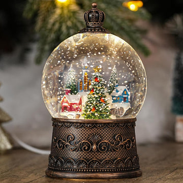 Snow Globe with Christmas Tree & Village, Light Up Christmas Snow Globes with Music Timer - USB Plug or Battery
