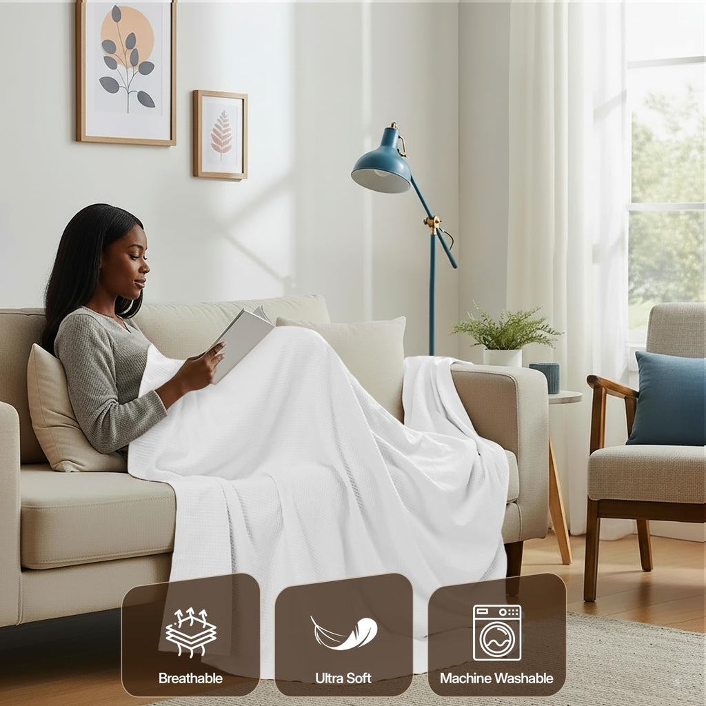 Cotton Blend White Waffle Blanket - 90x90 Inches