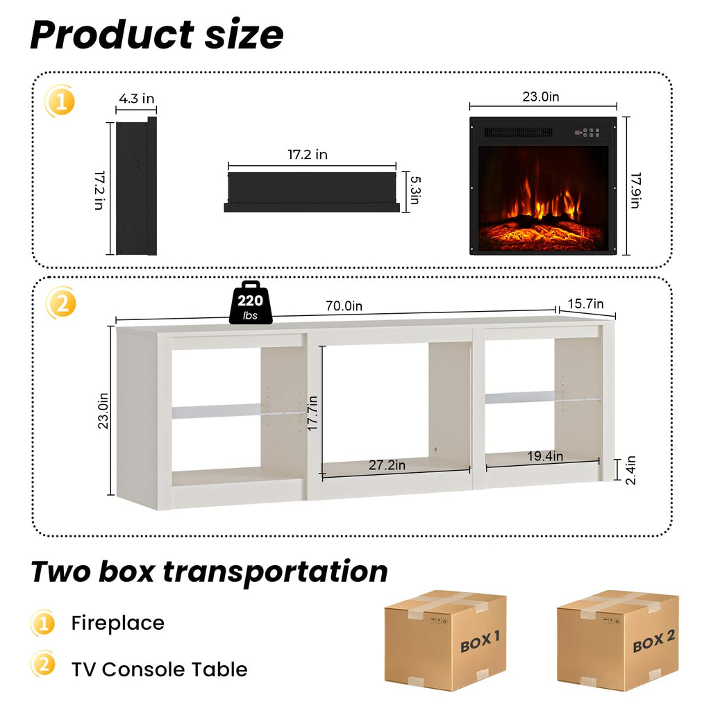 70 Inch Fireplace TV Stand for TVs up to 80 Inch with 23" Electric Fireplace, Modern Entertainment Center with Glass