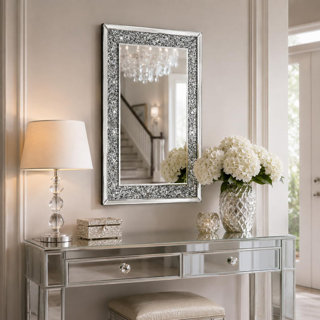 Crushed Diamond Mirrors for Wall Decor, 35.4x23.6 Decorative Mirror Rectangle Hanging Mirrors Large Crystal
