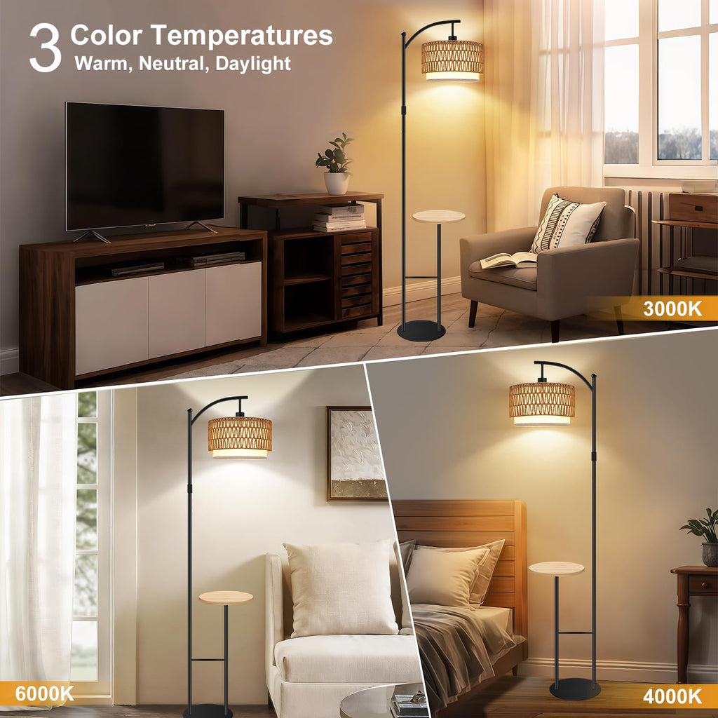 Arc Rattan Floor Lamp with Table Dimmable 3 Color Temp