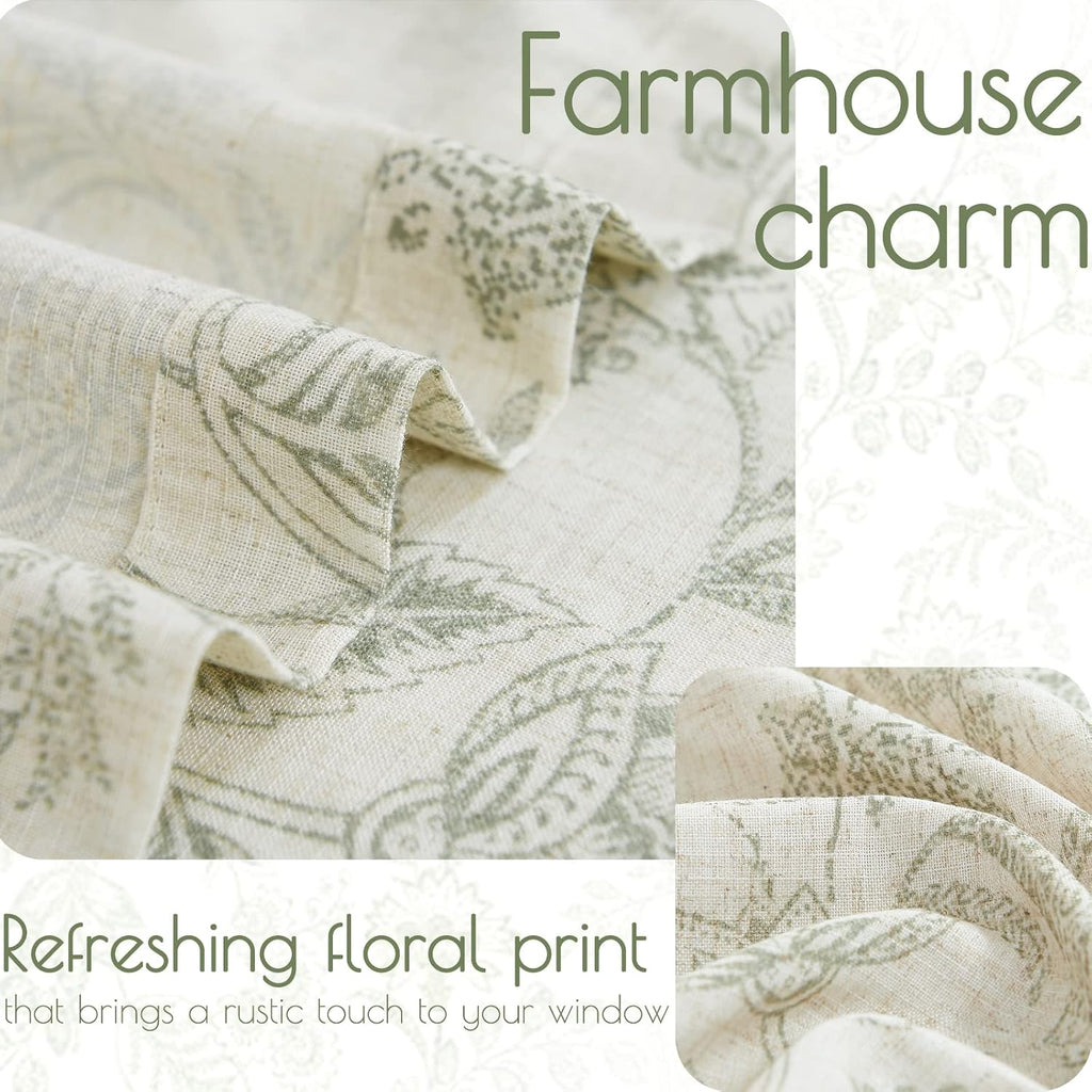 Floral Kitchen Curtains 36 Inch Long 2 Panels Sage Green on Beige | Linen Blend Fabric,Rod Pocket,Light Filtering