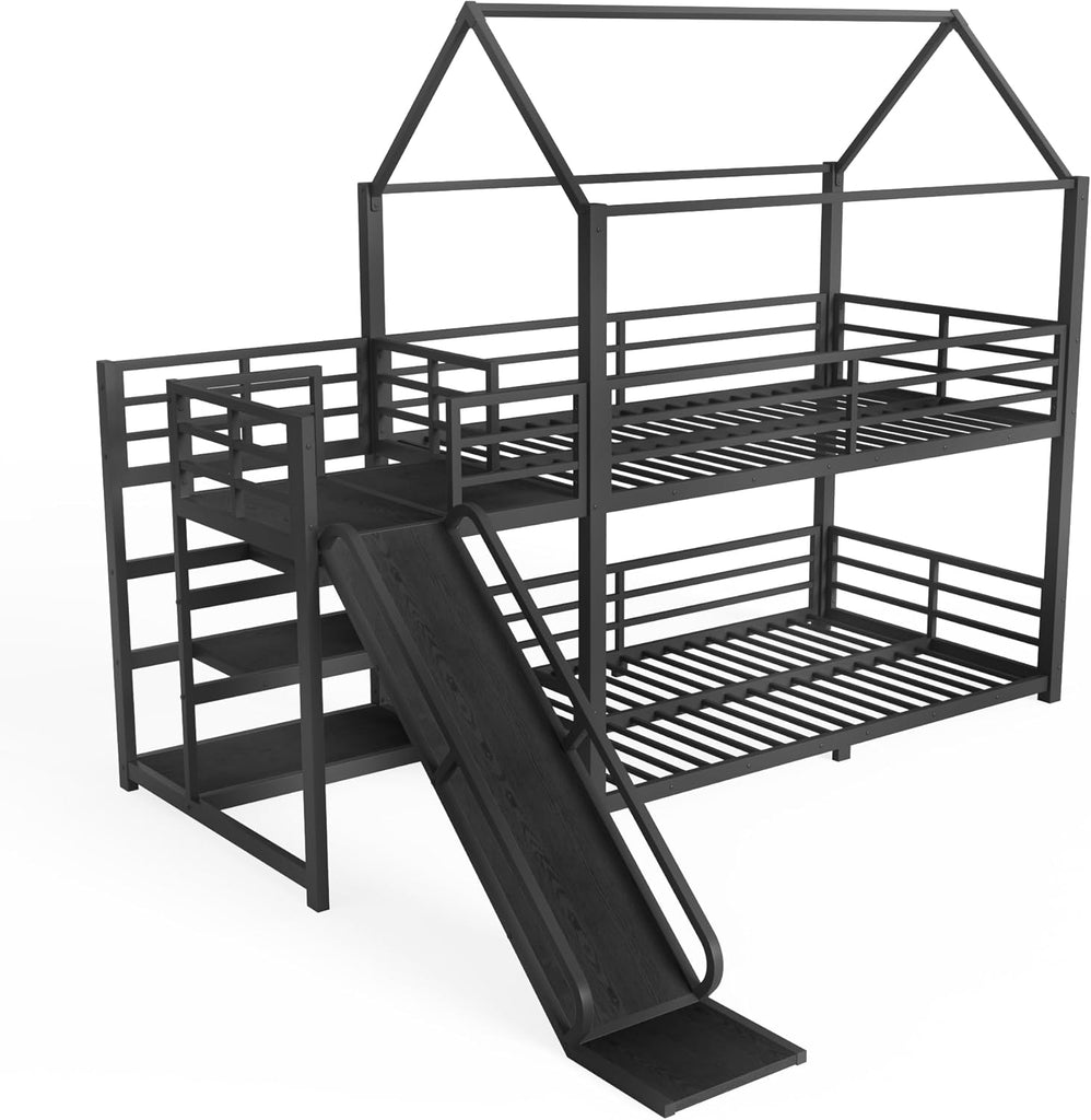 Twin Over Twin Bunk Bed with Slide, Kids House Floor Bunk Bed with Storage Stairs and Full Length Guardrail