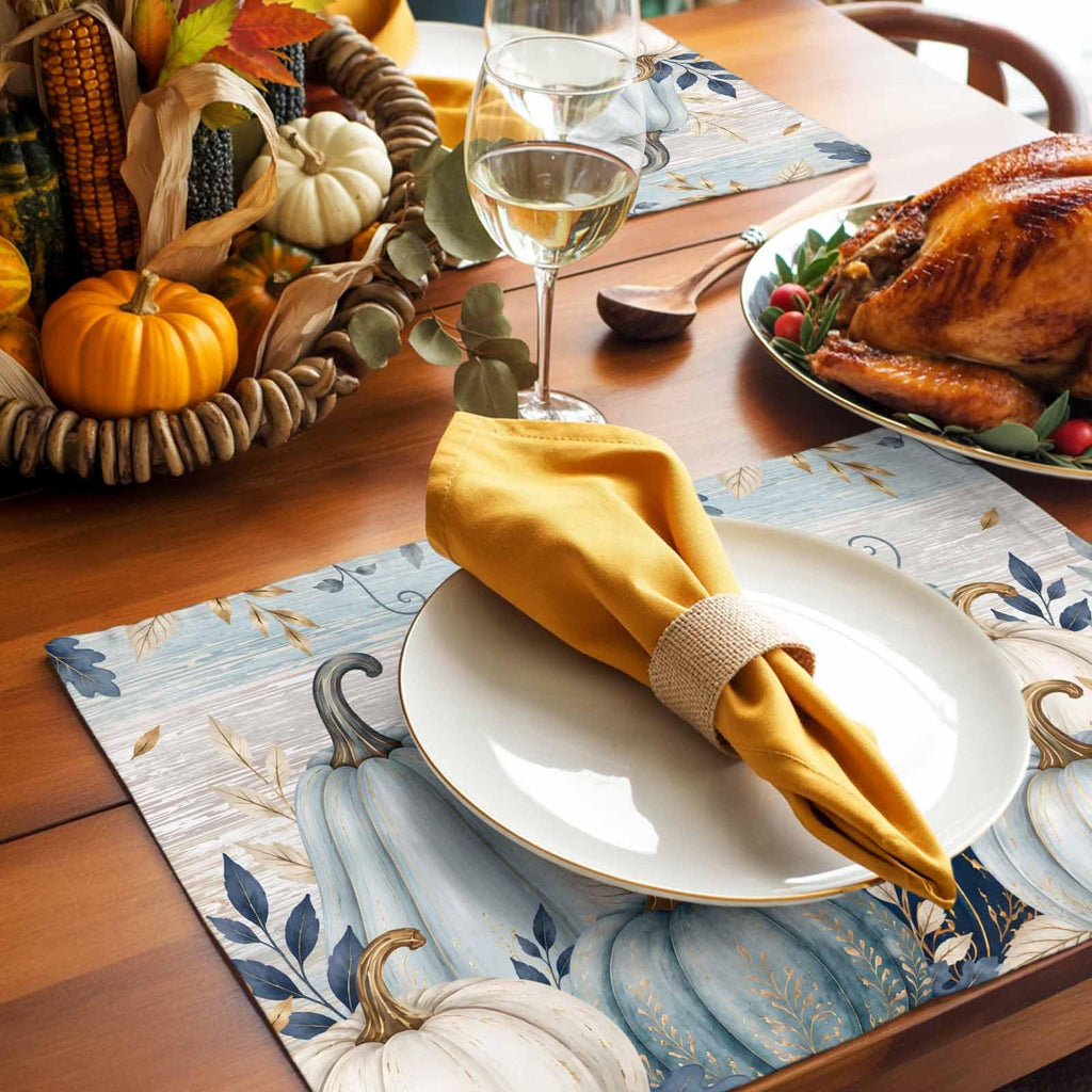 Fall Thanksgiving Placemats, Teal Blue White Pumpkin Heat Resistant Washable Dining Table Mats Fall Holiday Farmhouse