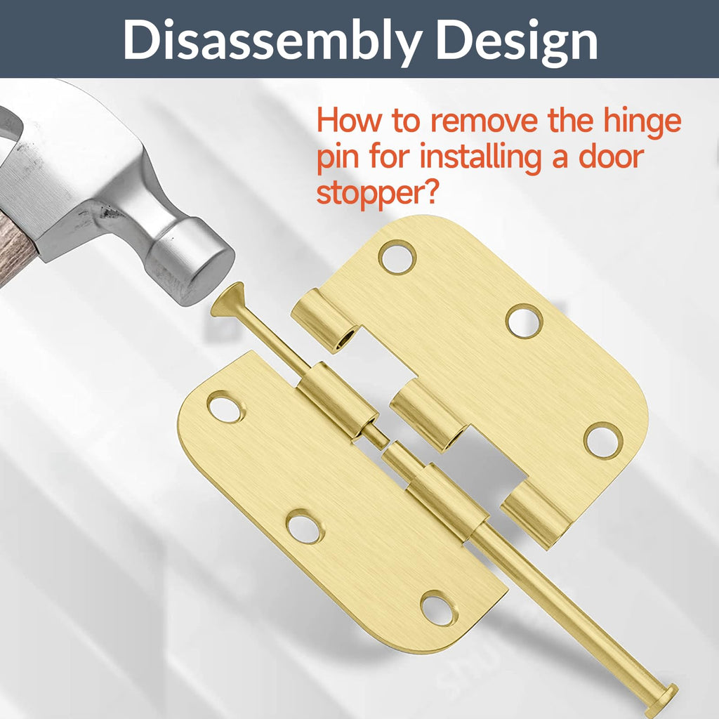 30 Pack Door Hinges Satin Brass 3.5 x 3.5 Inch Interior Door Hinge with 5/8" Radius Brushed Brass Door Hinges 3 1/2"