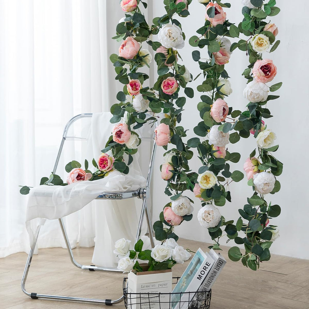 2 Pack Artificial Flower Garlands 11.2FT Eucalyptus Garlands with Flowers 8 Head Peony Flower Vine Faux Floral