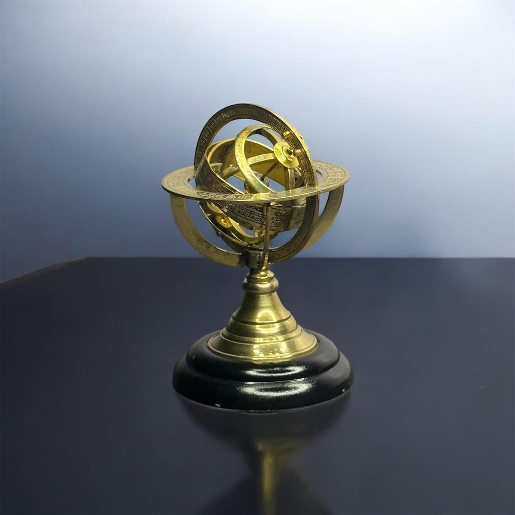 Vintage Brass Armillary Sphere Astrolabe 6 Inch - Antique Nautical Desk Decor, Astronomical Globe Model with Wooden