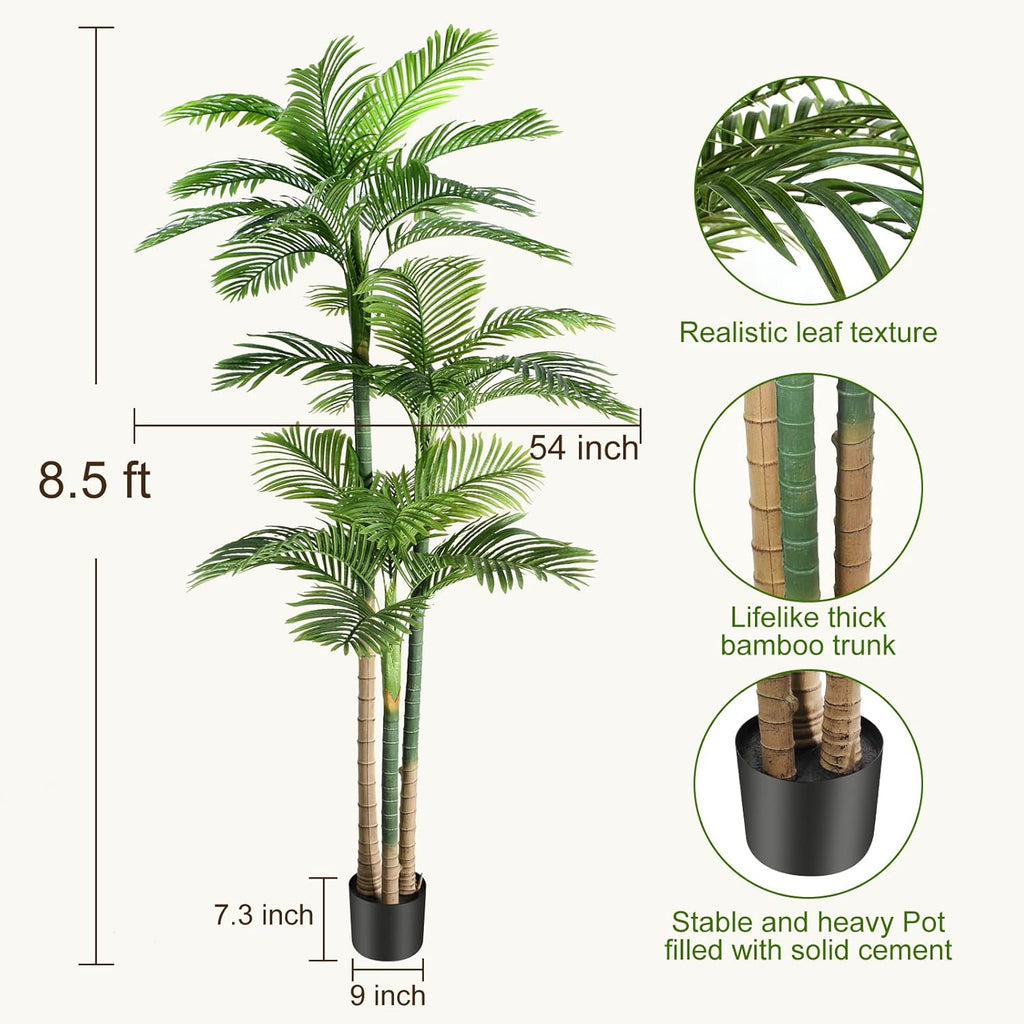 8.5ft Artificial Golden Cane Palm Tree - Large Triple Fake Palm Tree in Pot for Indoor/Outdoor, Patio, Pool, Big