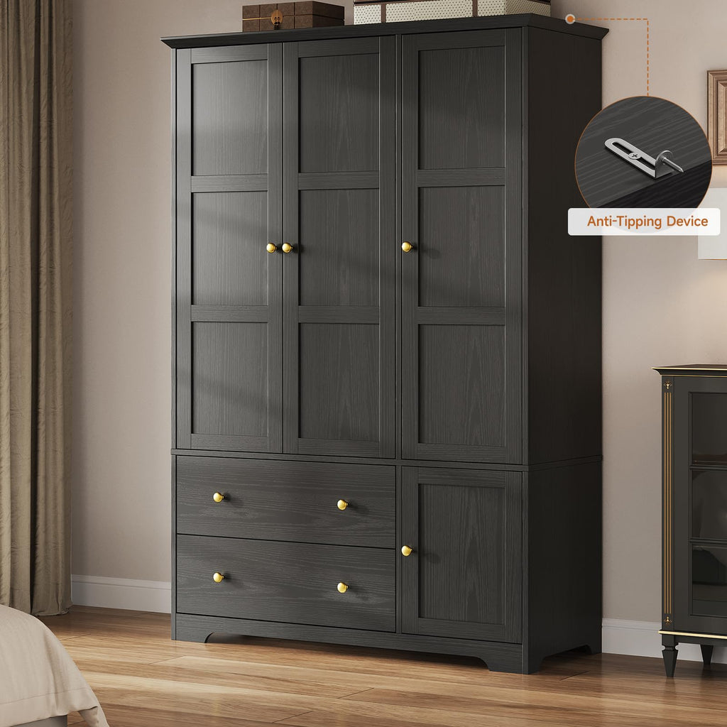 3 Doors Wooden Wardrobe Closet, Large Capacity Bedroom Armoires