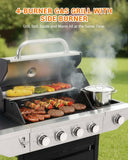 4-Burner Propane Gas Grill with Side Burner, 46,500 BTU Stainless Steel BBQ Grill with Enameled Cast Iron Grates and Side Tables for Patio and Backyard