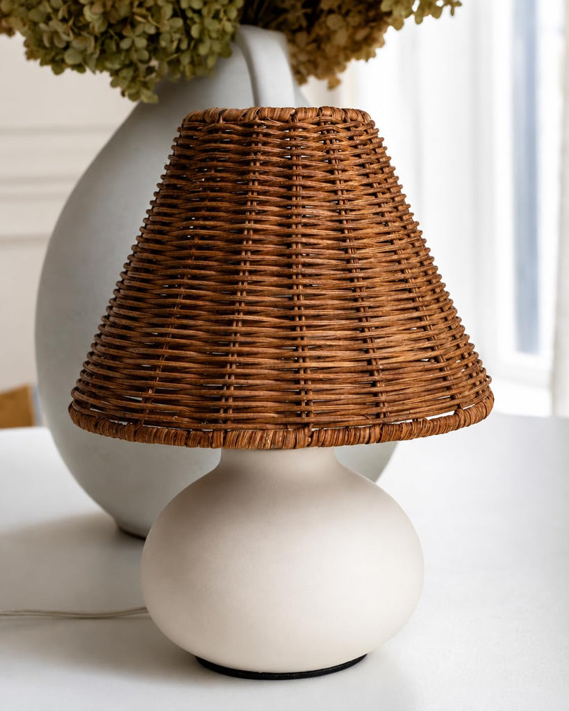 11" Small Table Lamp - Handmade Ceramic Cream Base with Wicker Rattan Shade, Dimmable Plug-in Nightstand Light