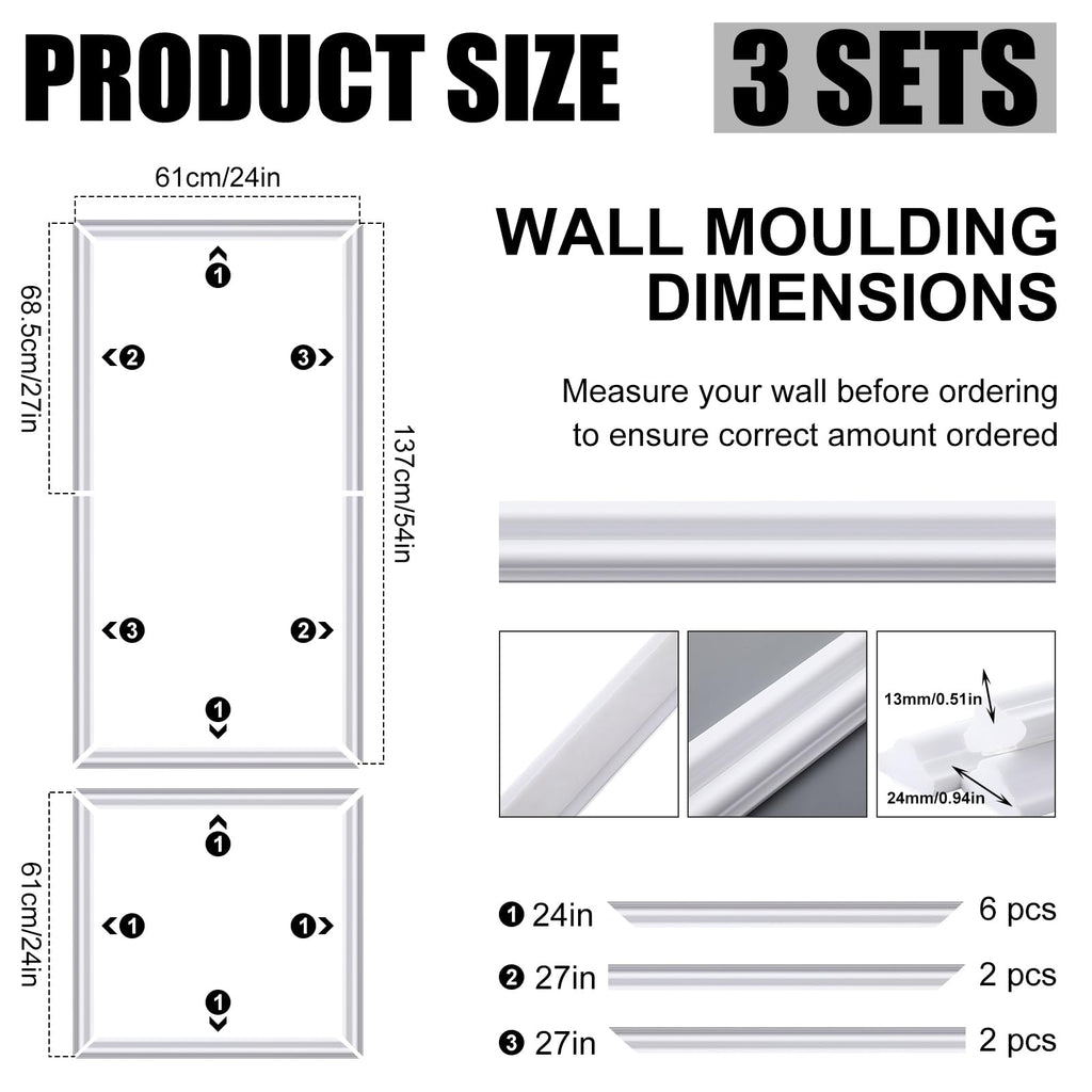 3set Peel and Stick Wall Molding Kit 3D Premade, 24x54in