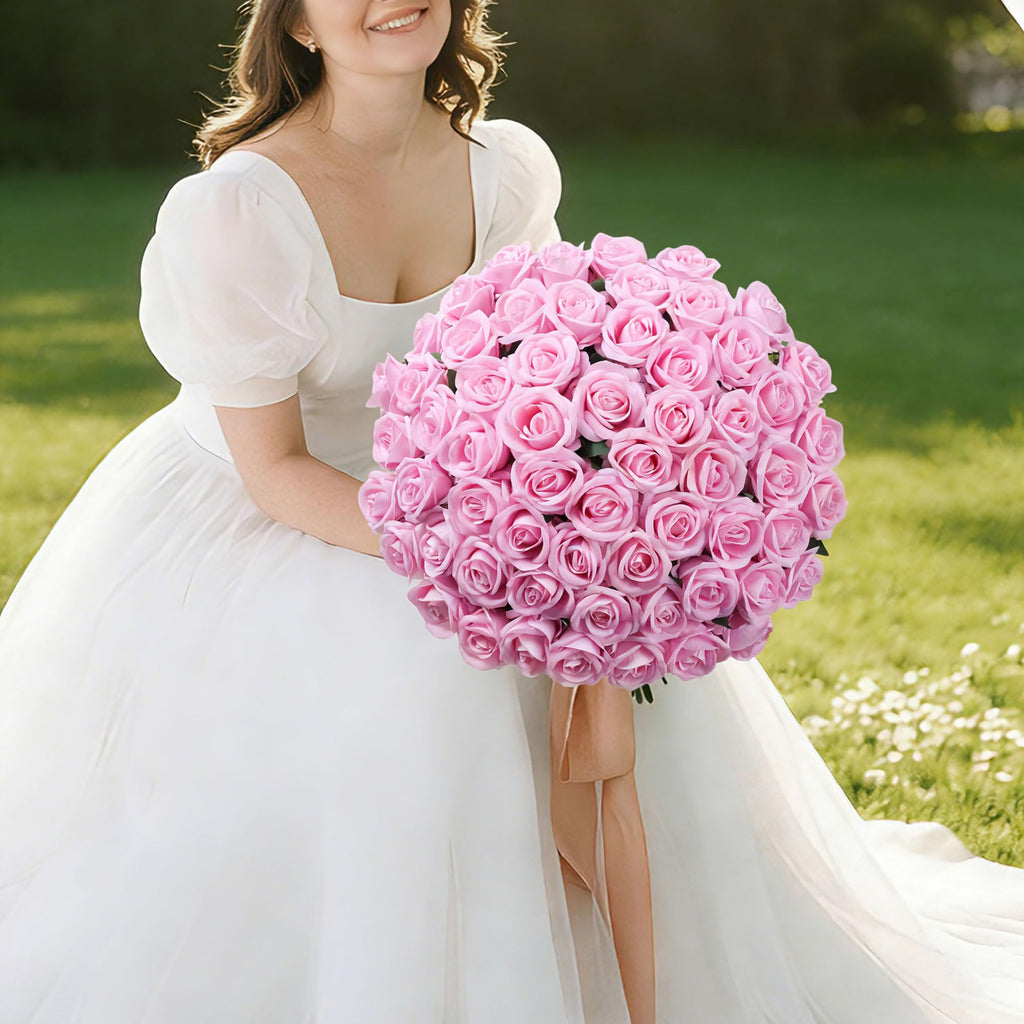 50 PCS Pink Roses Artificial Flowers with Long Stems