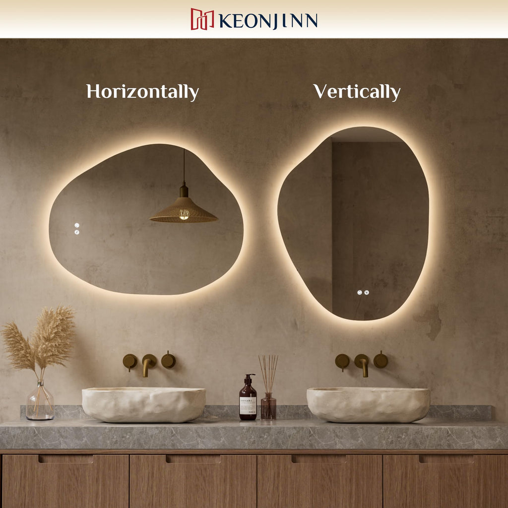 24 x 36 Inch Irregular Bathroom Mirror with Lights, Tempered Glass
