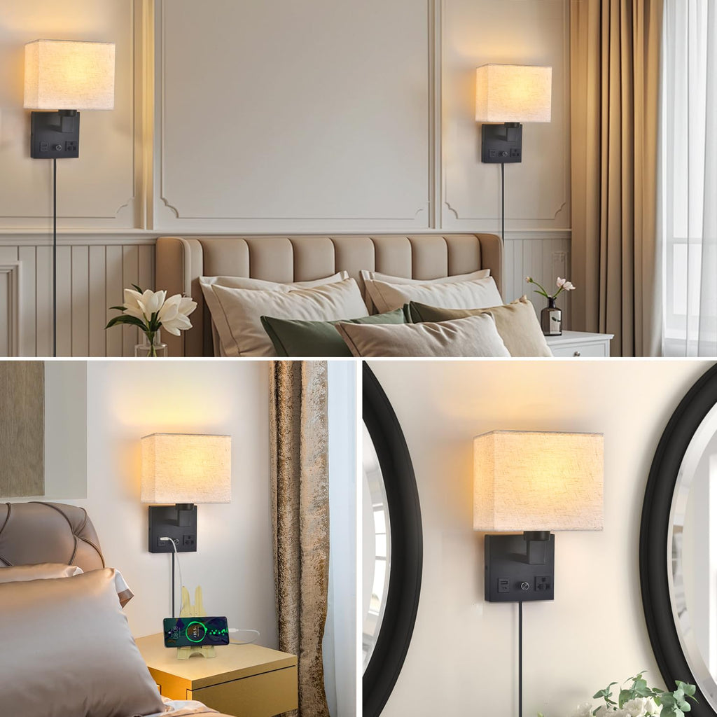 Bedside Wall Lamp, Plug in Wall Sconce - Dimmable Switch with AC Outlet & USB Charging Port, Fabric Shade, Black