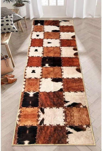 Cowhide Rug Cow Print Rug Western Rugs Brown Runner Rug 2x6,Farmhouse Vintage Throw Accent Area Rug Non Slip Washable