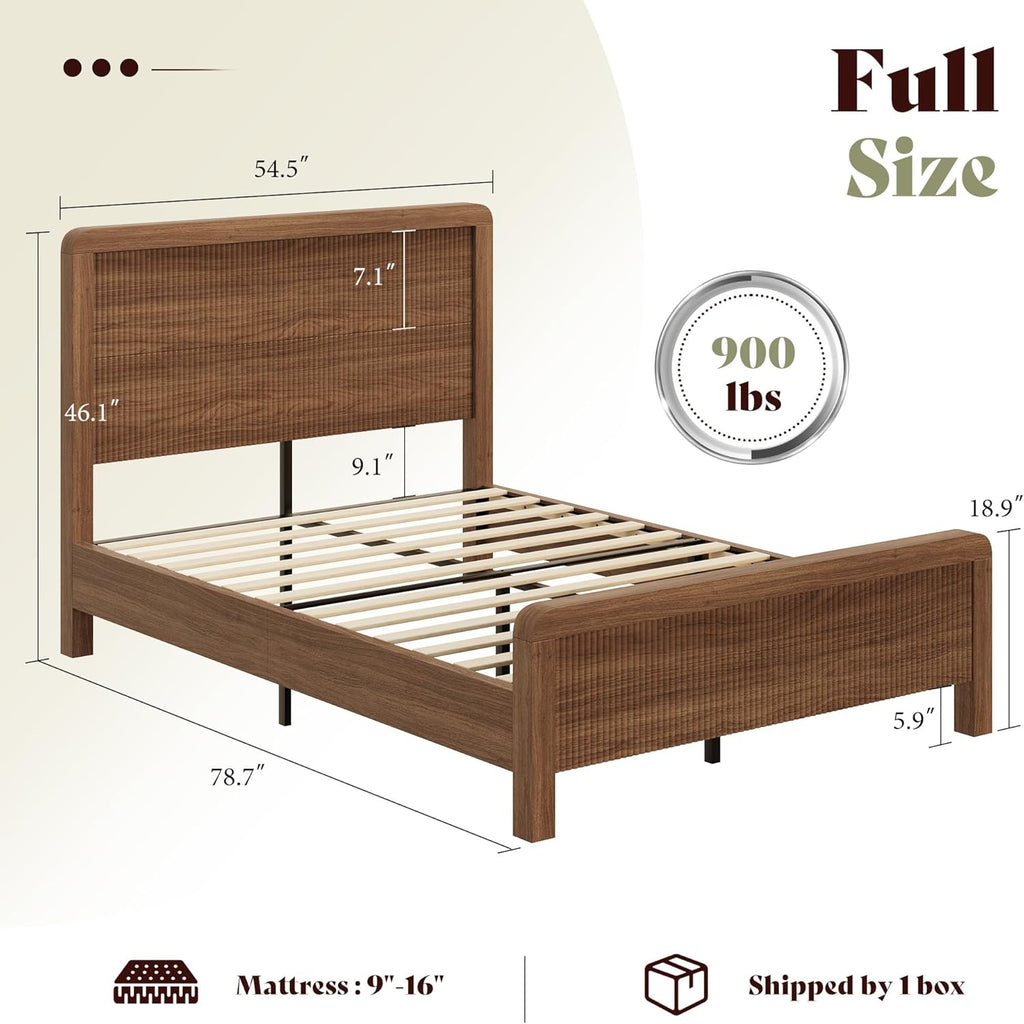 Wood Full Bed Frame with Headboard & Footboard, Modern Fluted Wooden Platform Bedframe with Rounded Safety Edges