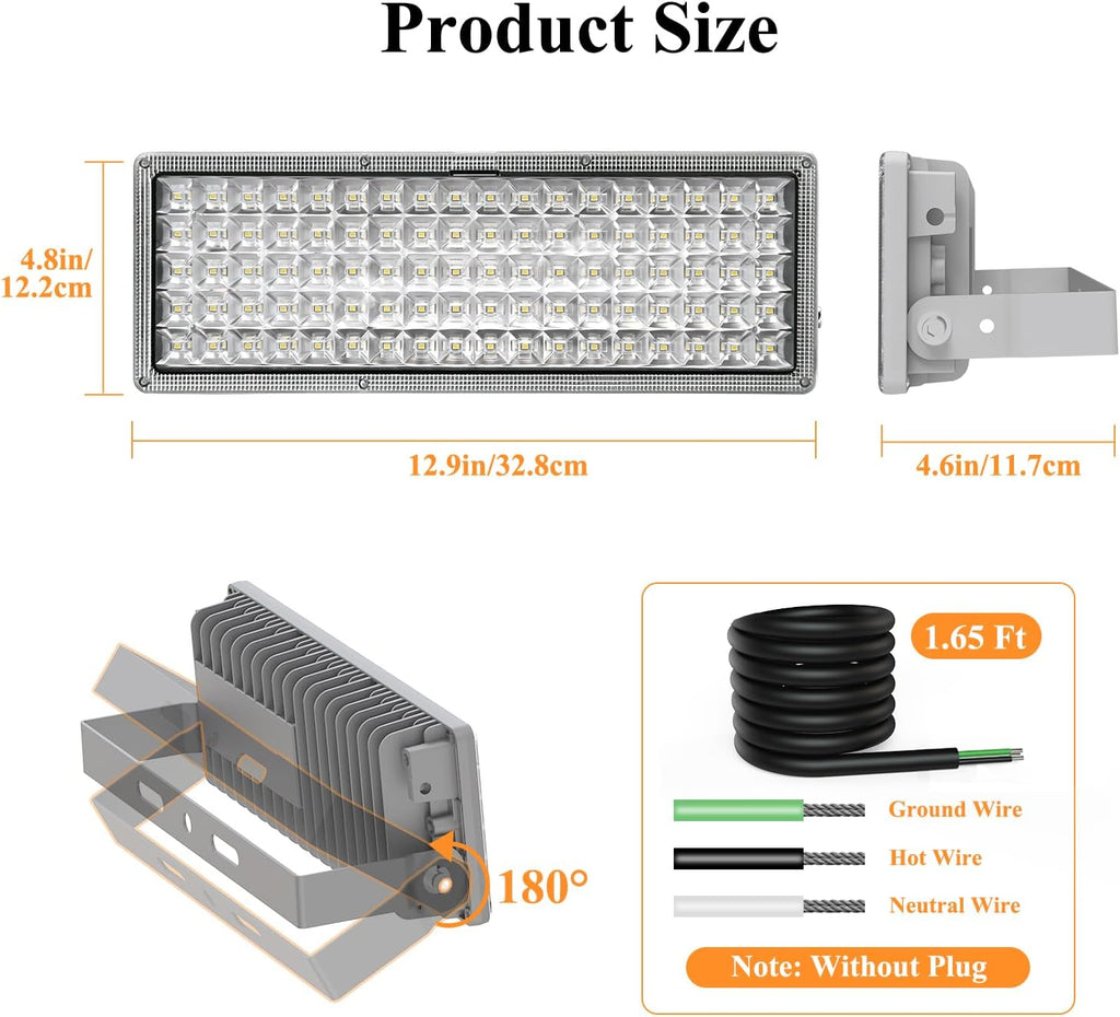 100W LED Flood Lights Outdoor 14000LM Arena Lights 6500K Stadium Lights IP67 Waterproof Exterior Parking Lot Light