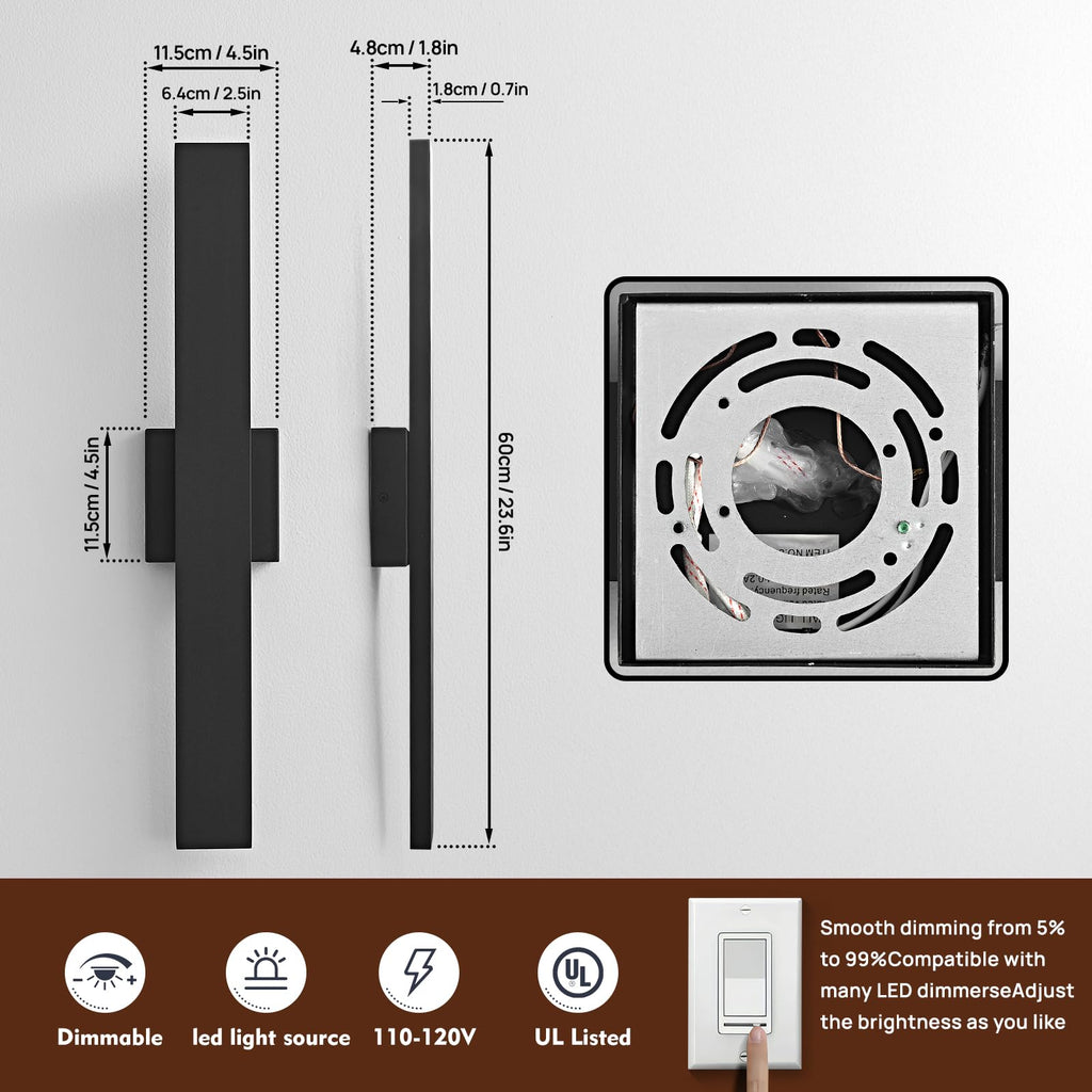 23.6inch Long Outdoor Modern LED Wall Light, 24W Waterproof IP65 Warm White Led Wall Mount Lighting Fixture Black