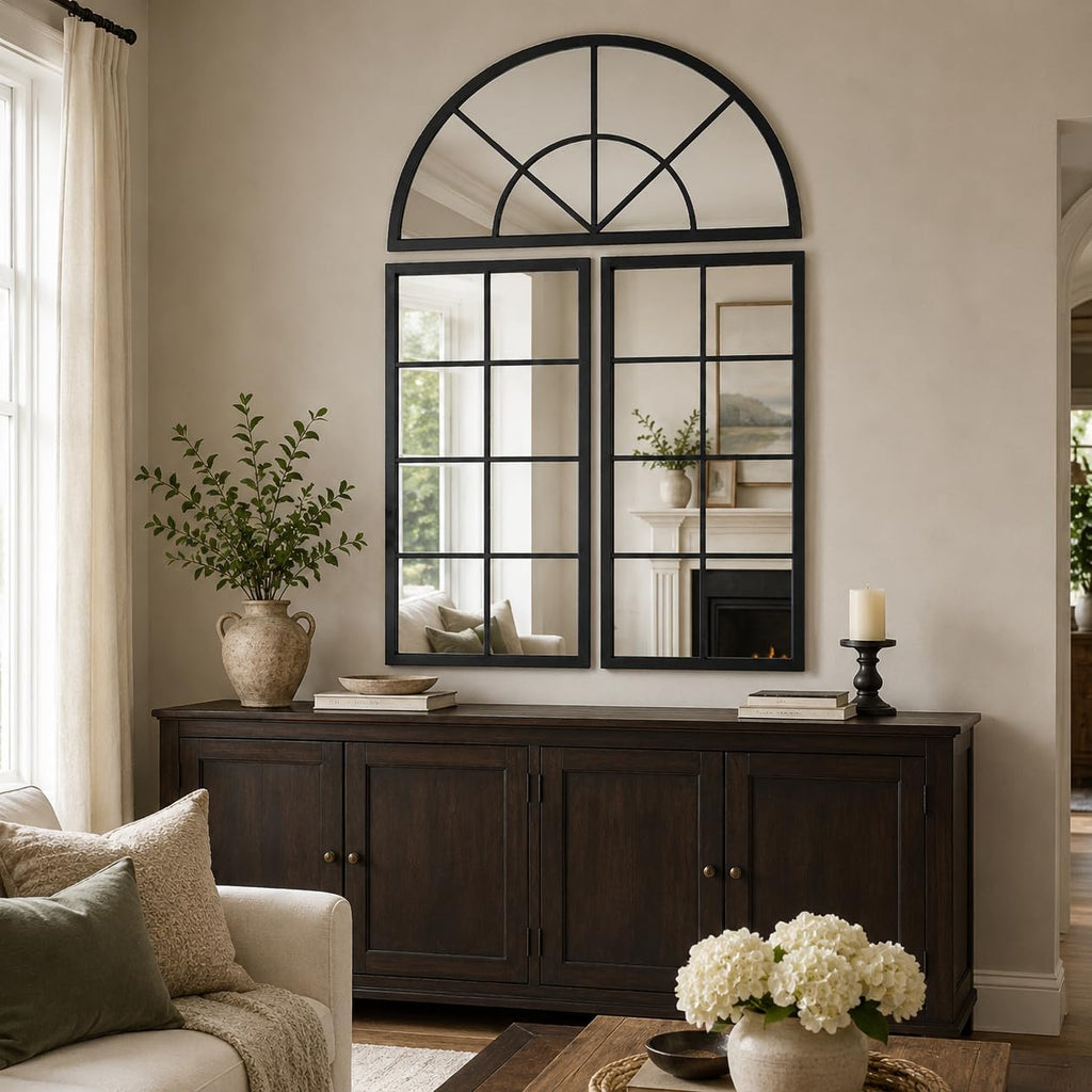 Large Black Arched Window Mirror, 32 x 47.2 in, 3-Piece Set