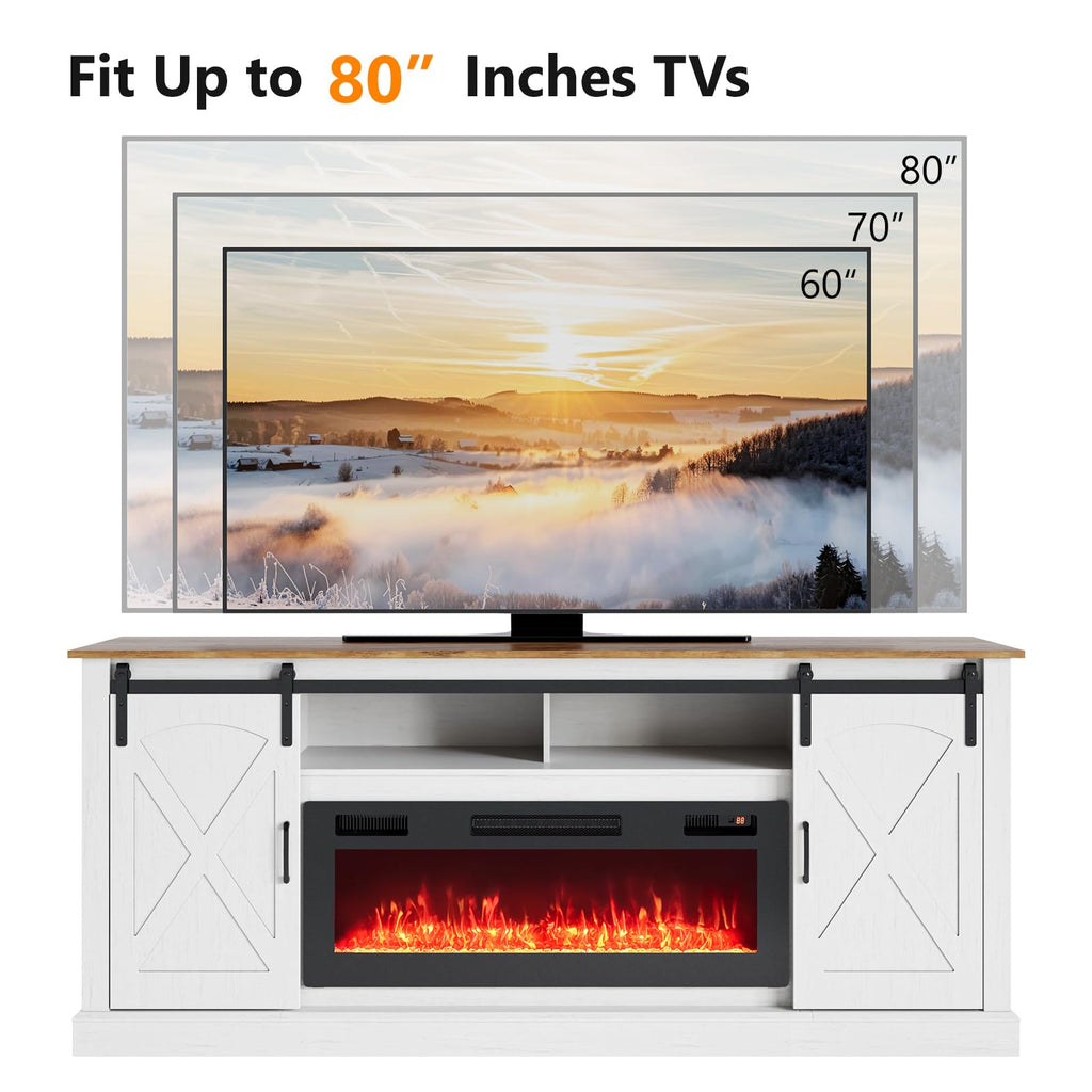 70" Fireplace TV Stand with Sliding Barn Door, Distressed White