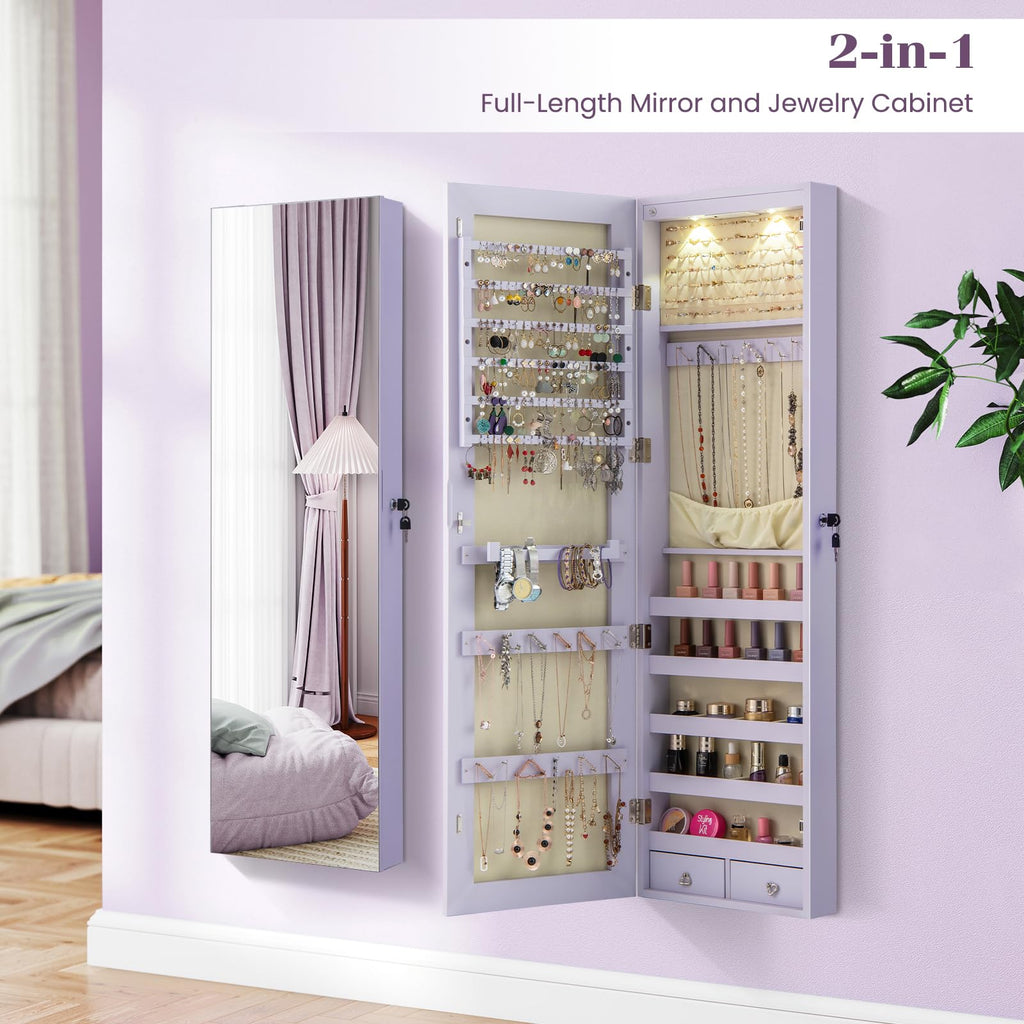Wall Door Mounted Jewelry Armoire with 47.5" Full Length Mirror & 2 LED Lights, Large Storage Capacity, Lockable