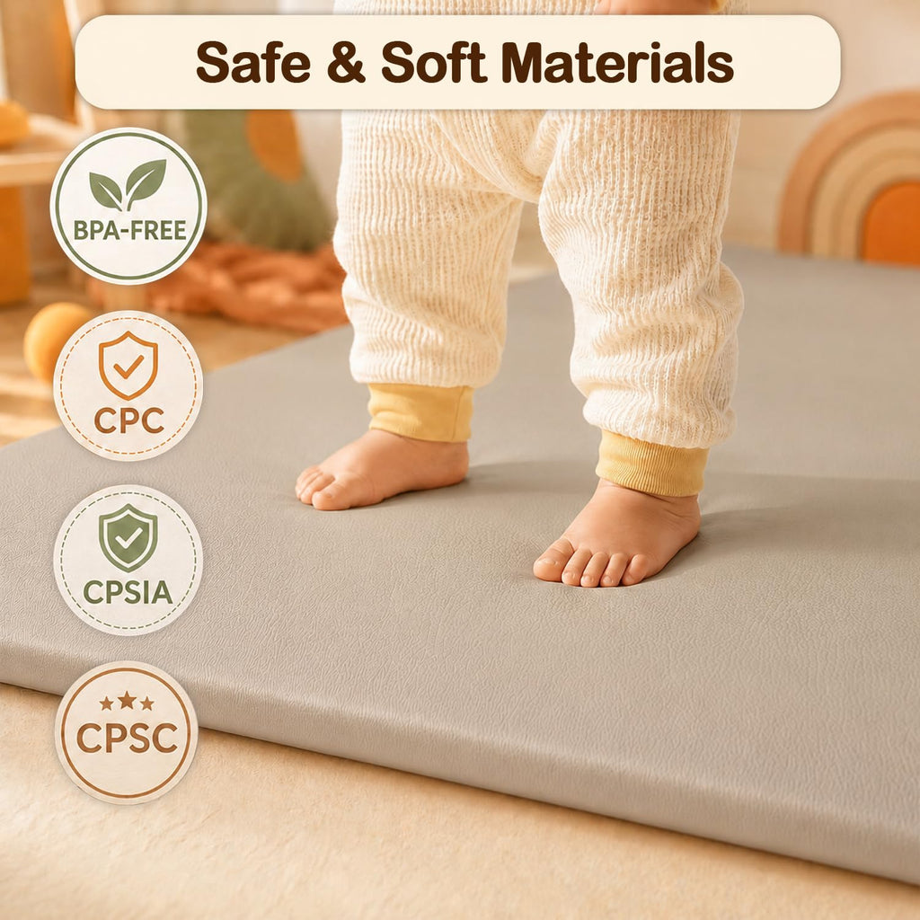 Vegan Leather Baby Play Mat, 71x59 Thick Cushioned Waterproof Playpen Mat, Stylish Removable Cover Floor Mat