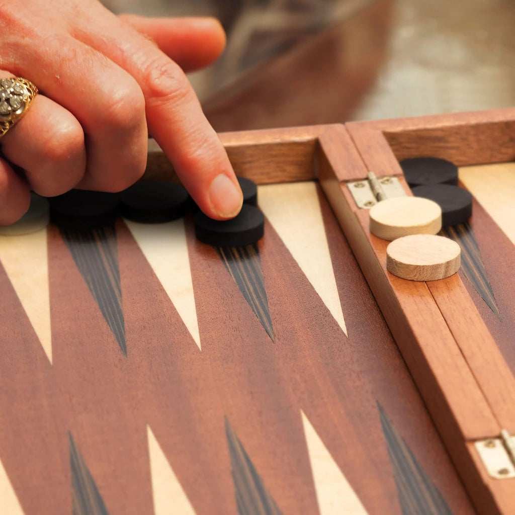 Wooden Inlaid Backgammon Set, Dorne - with Wooden Playing Pieces and Accessories, 13-inch Board