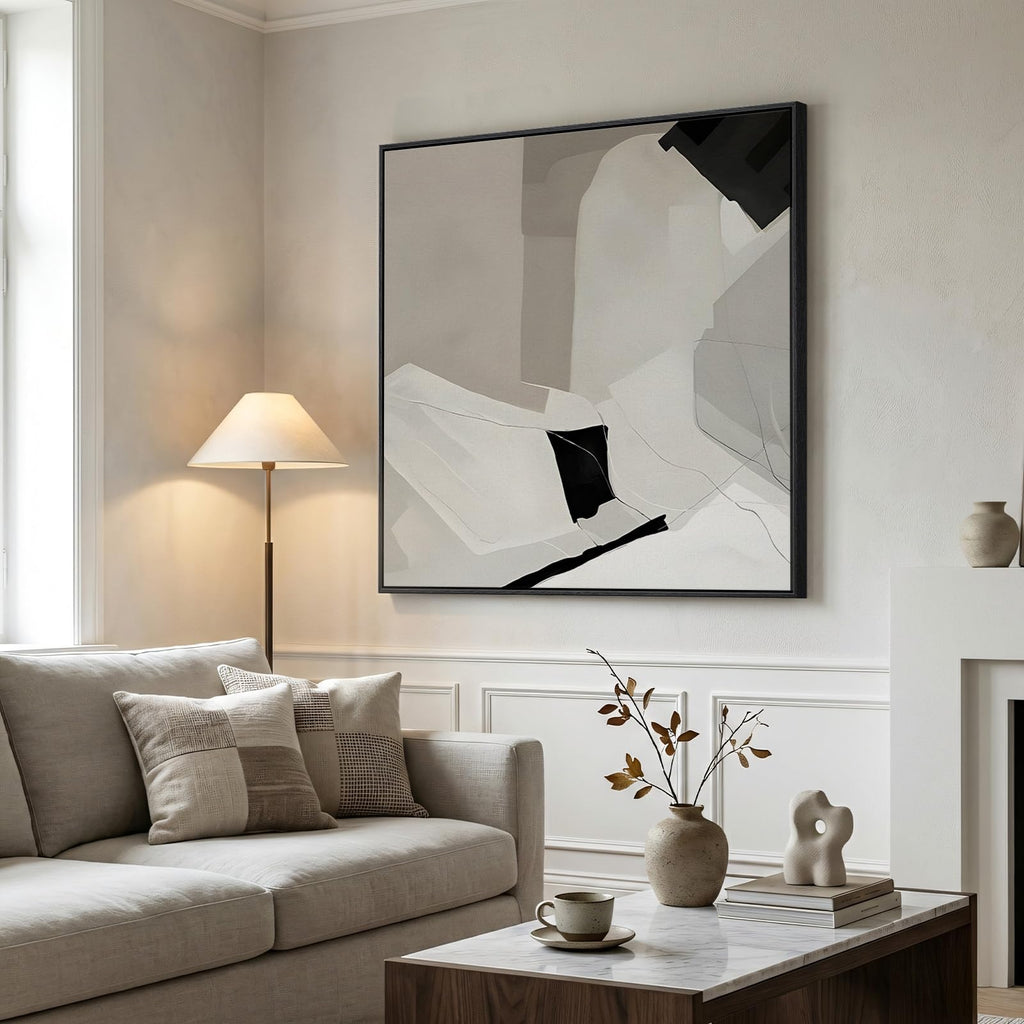 Extra Large Framed Black White Abstract Wall Art, 40x40 In