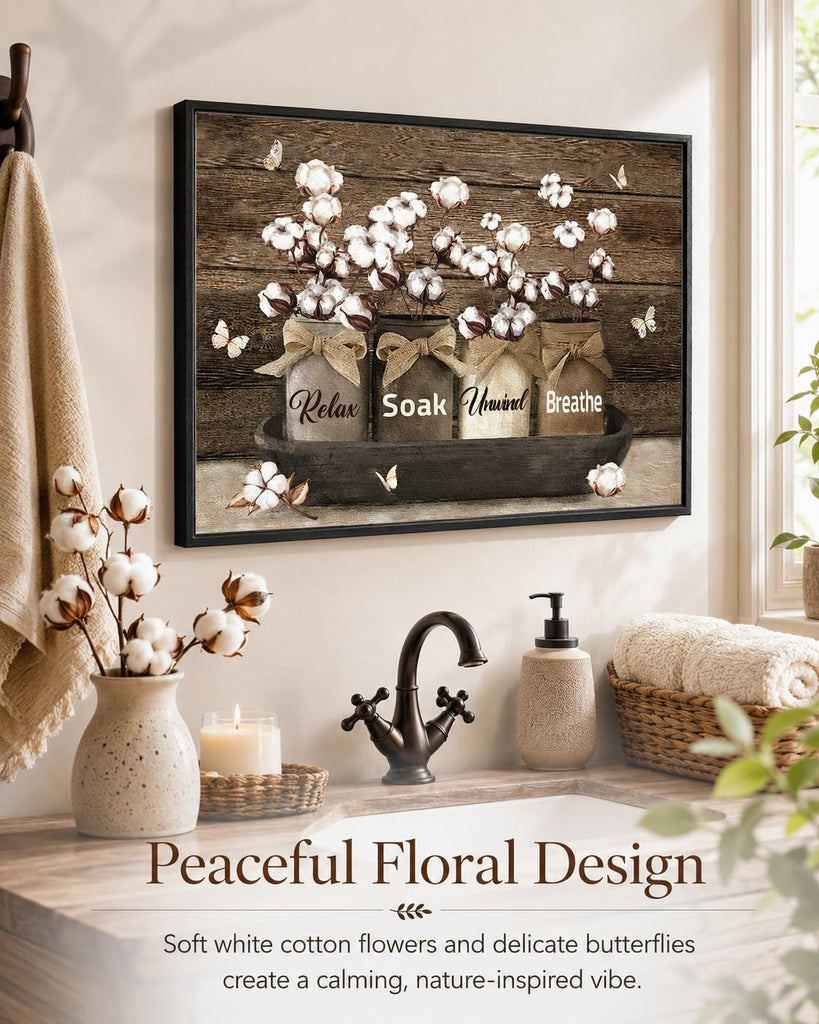 Framed Farmhouse Bathroom Wall Art Rustic Cotton Flower Bathroom Pictures Wall Decor Vintage Relax Soak Unwind