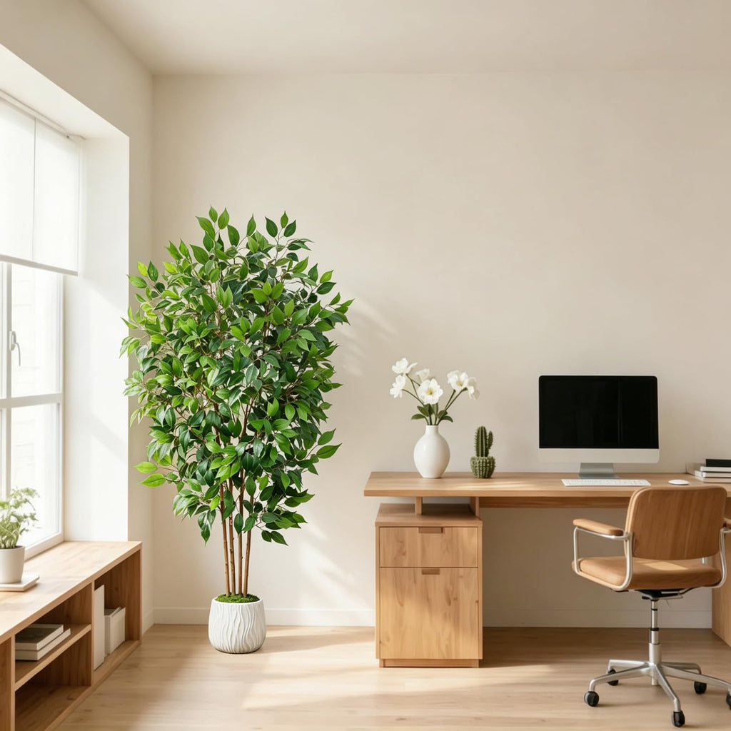6 FT Artificial Ficus Tree with Planter & Natural Trunks, Faux Tree Indoor