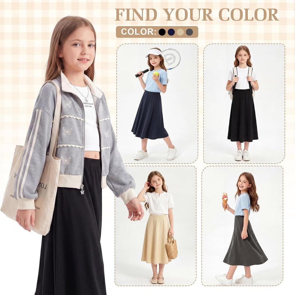 Maxi Skirts for Girls A-Line Flowy Swing Ankle Length Long Skirt with Elastic Waist Slinky Knit Casual School