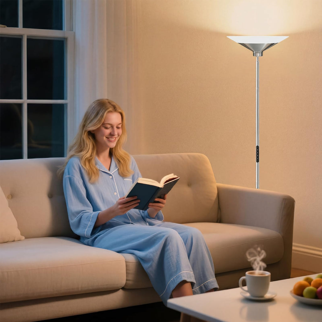 Metallic Silver Torchiere Floor Lamp - 30W Dimmable LED Standing Lamp with Remote/Button Control, 1800Lm