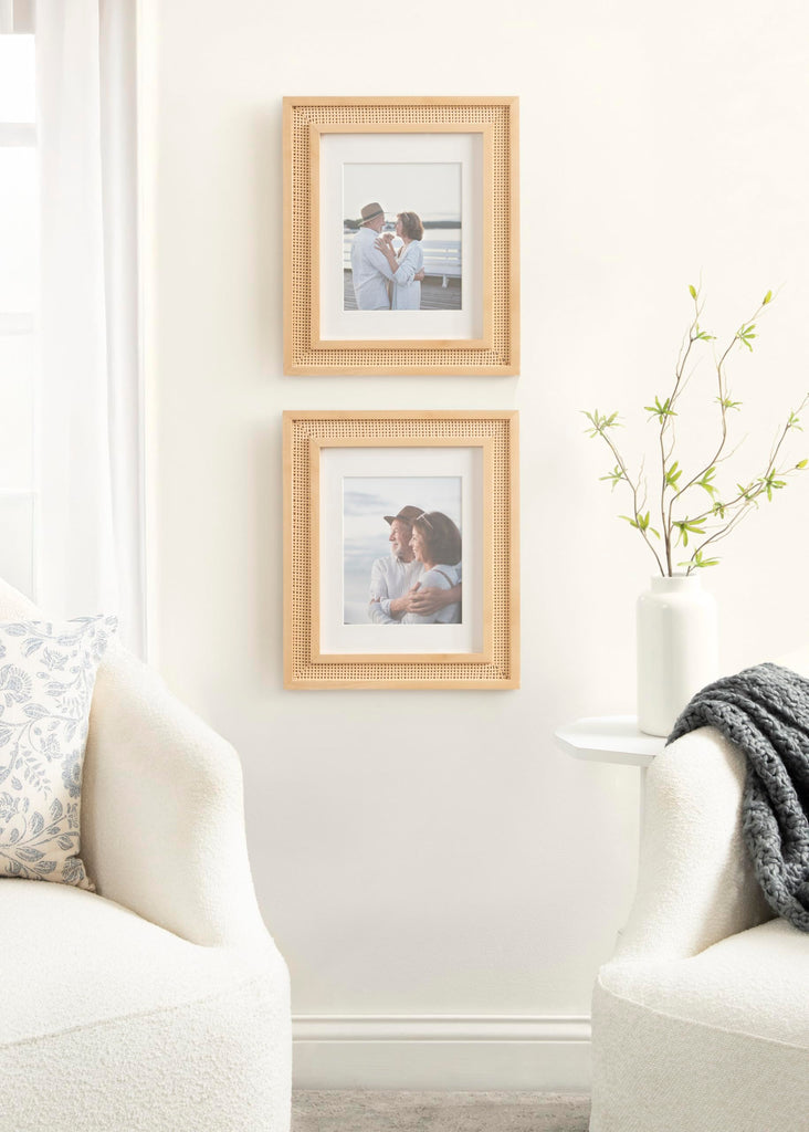 Corah Modern Faux Rattan Picture Frame Set of 2, 11 x 14 matted to 8 x 10, Natural, Boho Two-Piece Glass Photo Frame