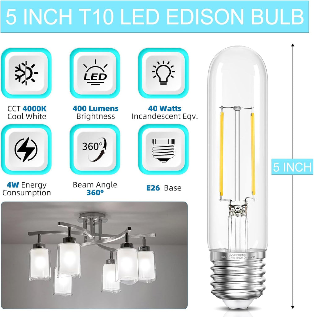 Tubular LED Edison Bulb 4000K Neutral White Dimmable, E26 LED Light Bulbs