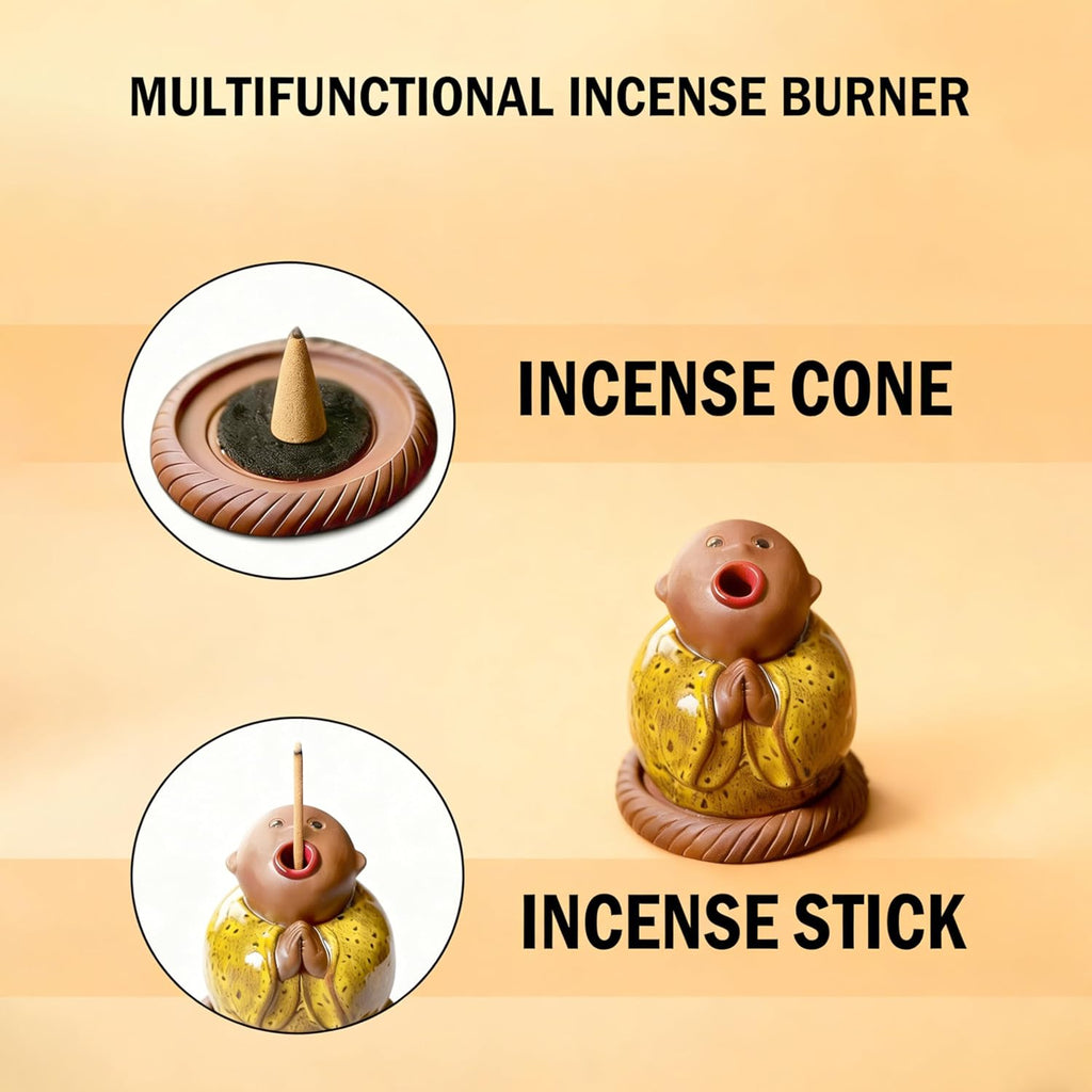 Ceramic Buddha Incense Cone Holder, Monk Burner for Unique Zen Home Decor