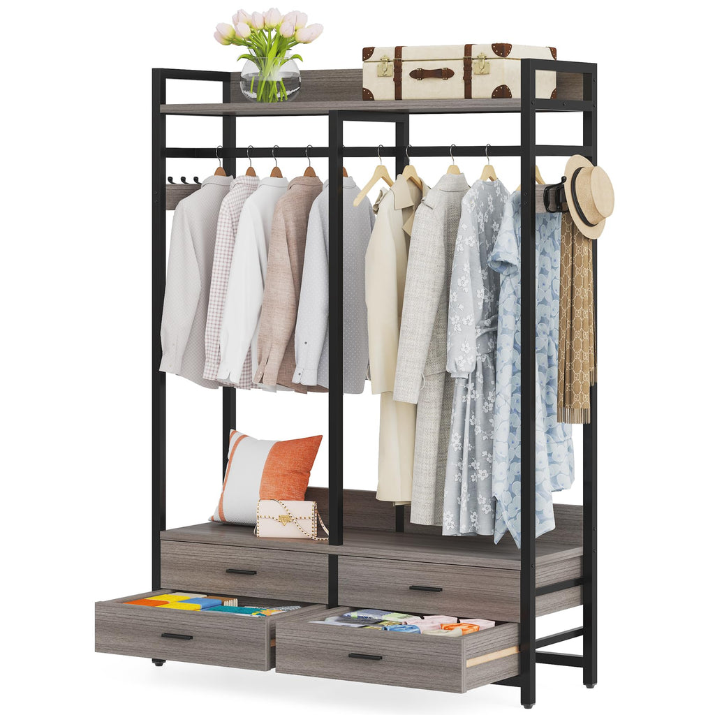 Freestanding Closet Organizer, Garment Rack with 4 Drawers, Gray