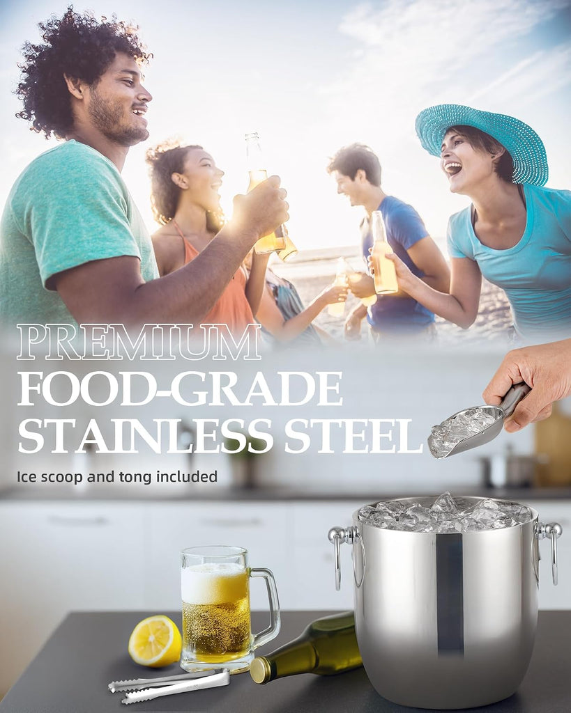 Insulated Ice Bucket, 3L Double Wall Stainless Steel Ice Bucket