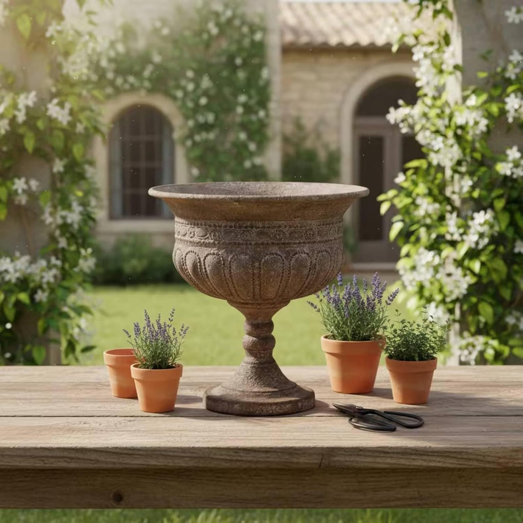 Outdoor Trophy Vase Traditional Urn Planter Pedestal Flower Pot with Textured Surface Iron Construction Wide Opening