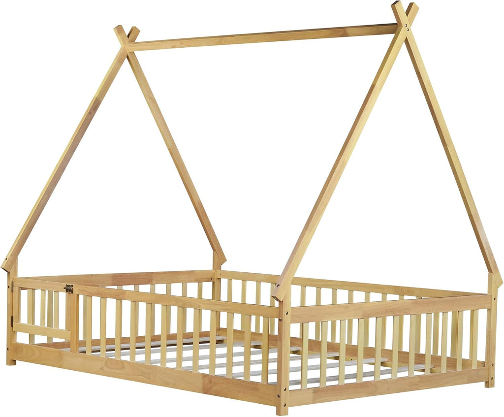 Tent Floor Bed for Kids, Montessori Floor Bed with Door and Guardrails, Teepee Bed for Girls