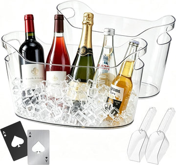 Extra Large 6.5L Clear Plastic Ice Bucket, 2 Pack Beverage Tubs with Scoops, for Champagne, Beer, Wine, Cocktails - Set of 2