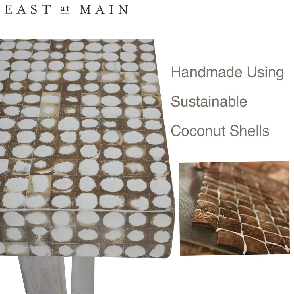White Coffee Table - Handmade Accent Table with Coconut Shell Inlay, 40" Rectangular Wood Table, Coastal Farmhouse