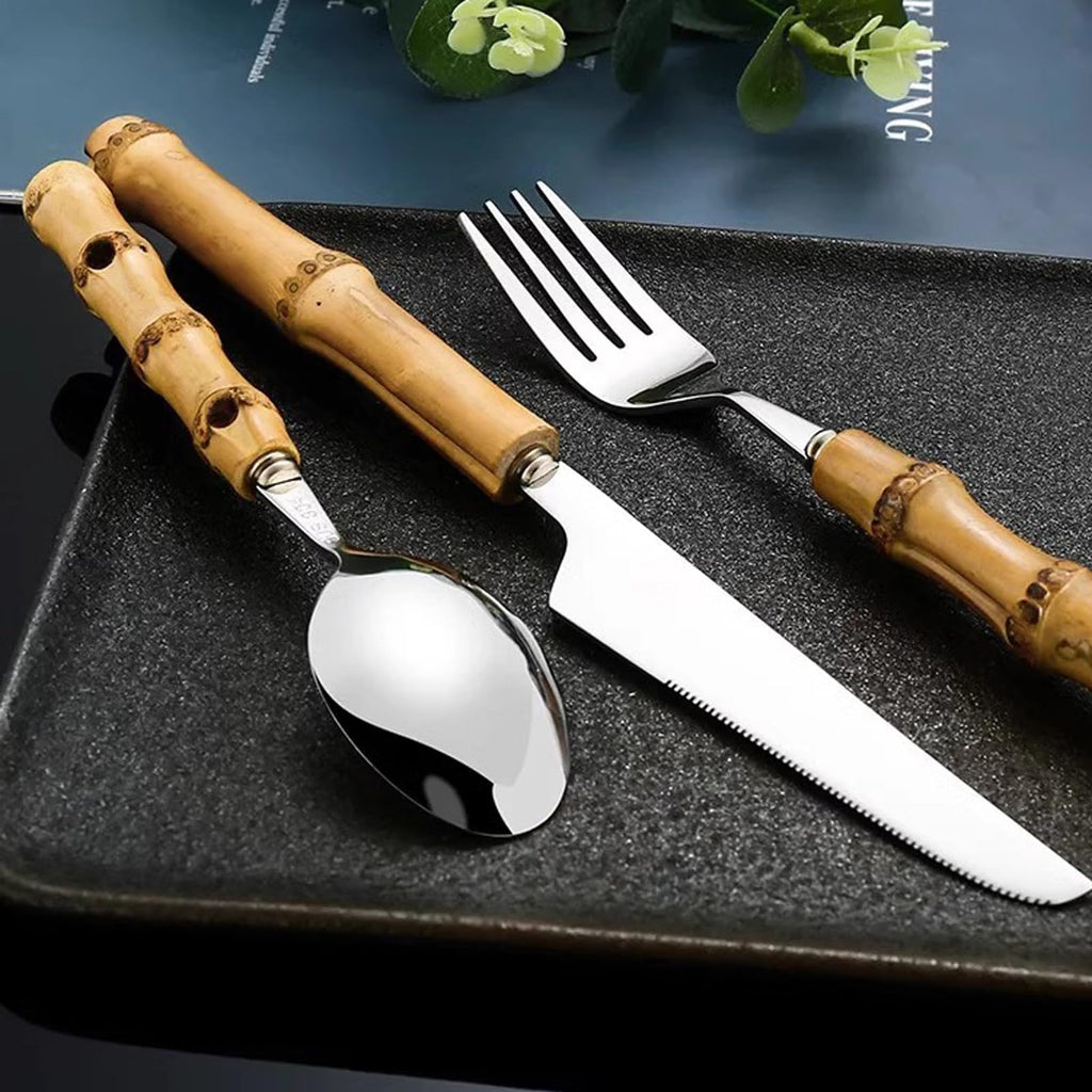 Bamboo Silverware Set for 6, 30 Piece 18/8 Stainless Steel Cutlery Set, Natural Bamboo Handle Cutlery Sets, Household