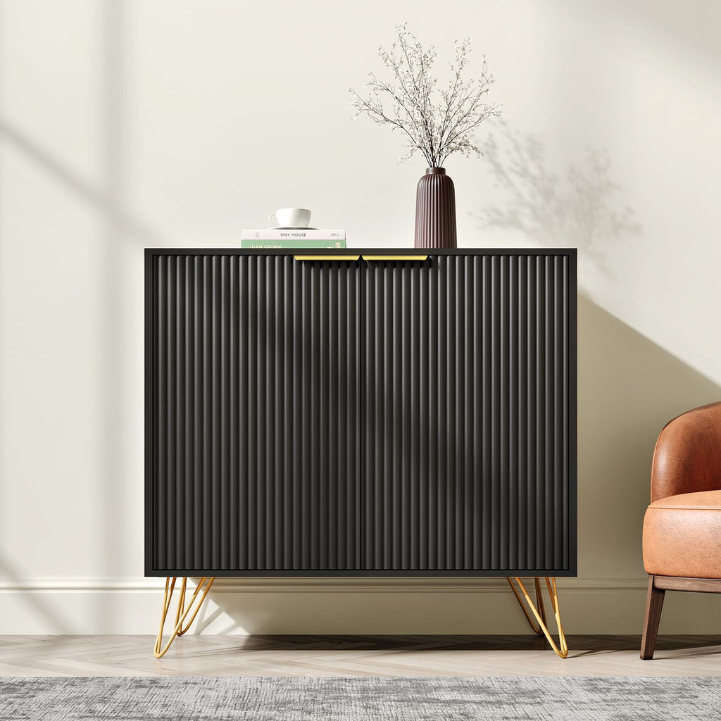 Fluted Storage Cabinet Sideboard Accent Cabinet with 2 Doors, Black, 1PC丨Buffet Cabinet with Metal Legs and