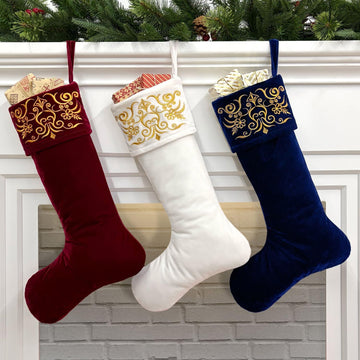 Set of 3 Velvet Christmas Stockings with Gold Damask Embroidery and Microfiber Lining, Oversized 24-Inch Cuff-to-Toe